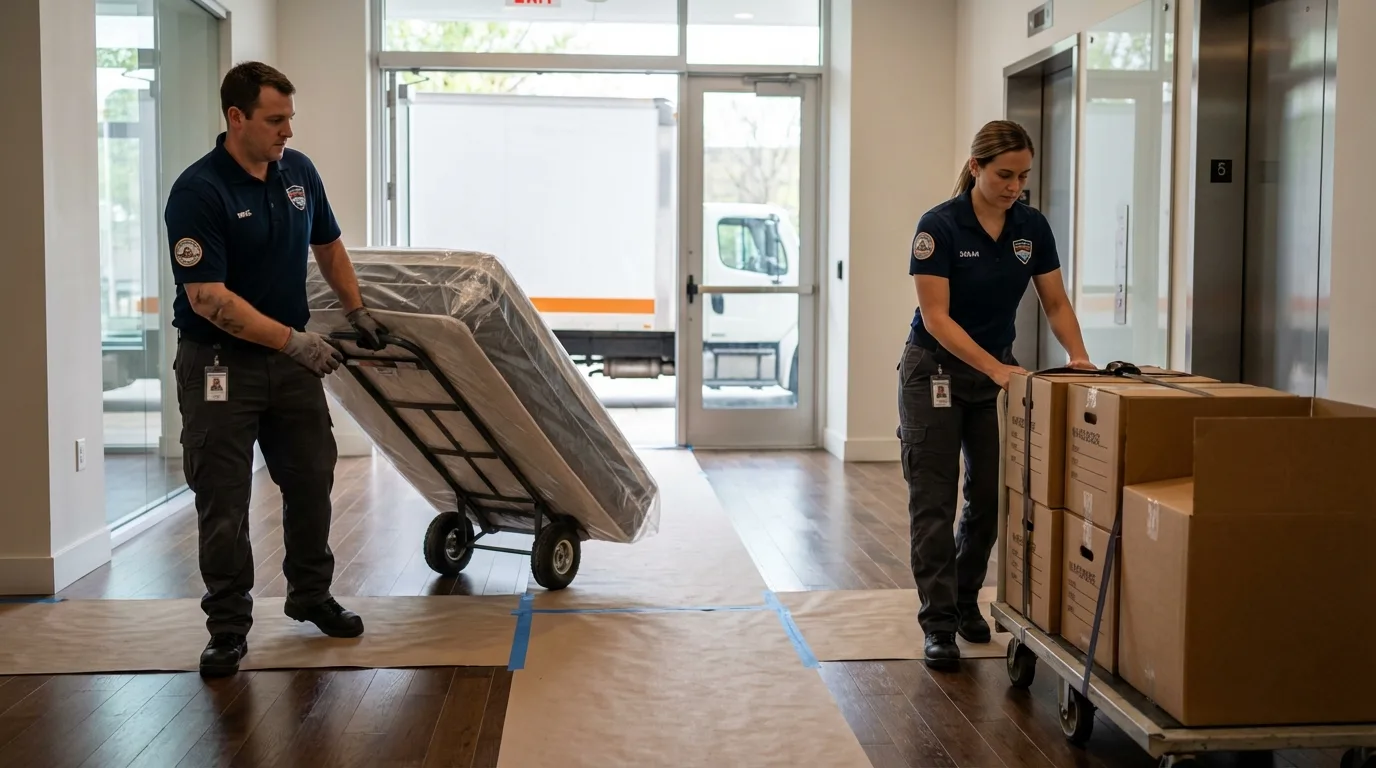 Professional apartment movers loading elevator in Elizabethtown, KY