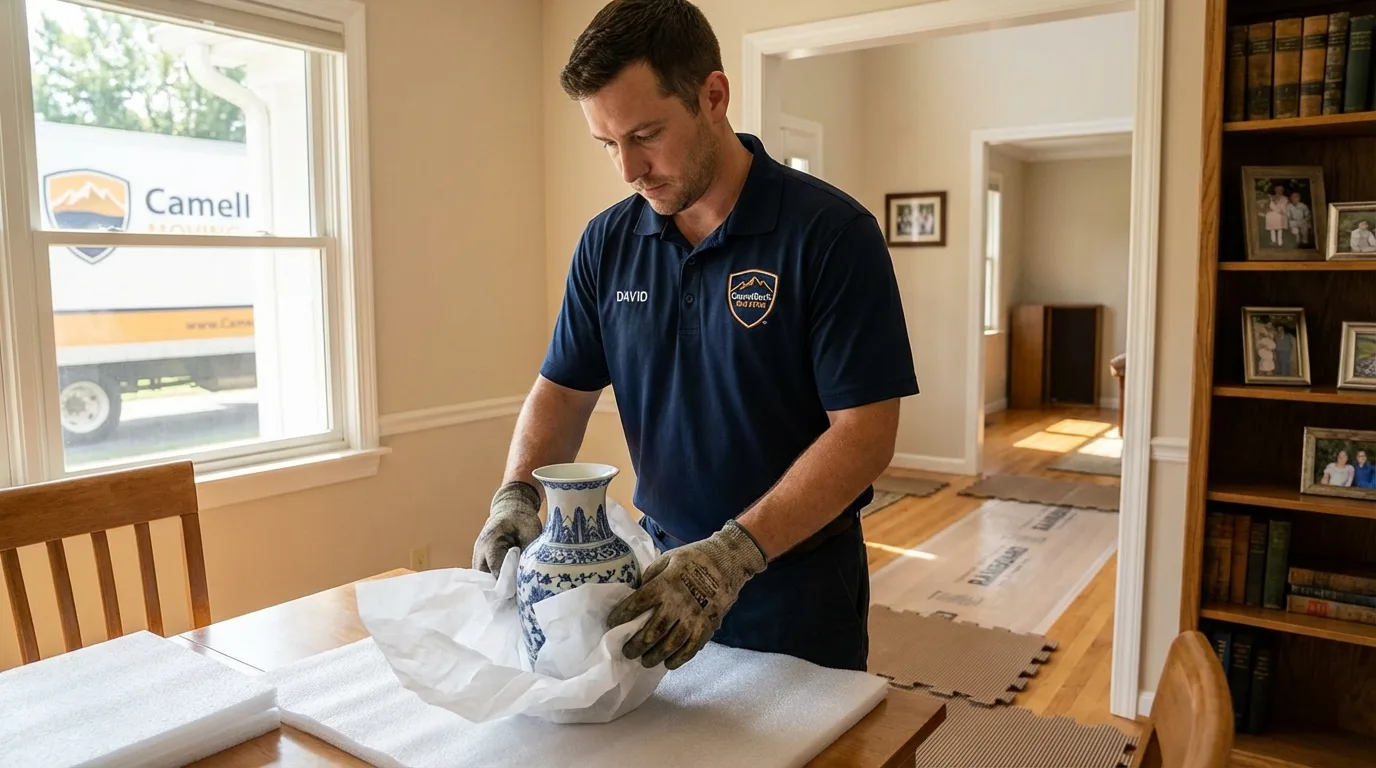 Professional crew carefully wrapping antique vase for senior downsizing move in Elizabethtown, KY
